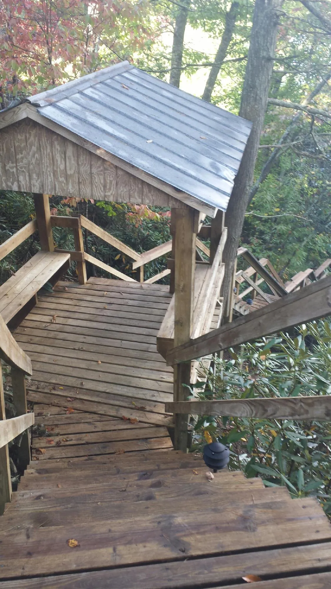 Metal roofed shelter over wooden steps on a wooded walkway — Skylight Repair & Installation work by our crew in Elizabethton